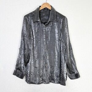 Elementz Womens Silver Metallic Crinkle Button Up Shirt Size L Large Vintage 90s